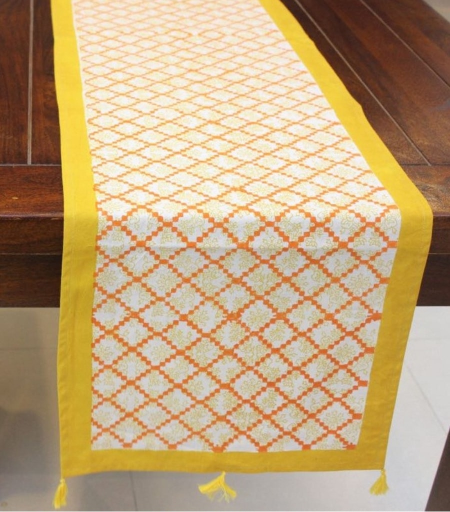 Close-up of hand block print on organic cotton table runner | Myyra Jaipur