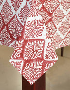 Close-up of hand block print on organic cotton table cover | Myyra Jaipur
