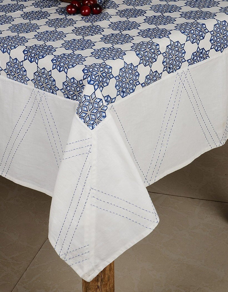 Hand block printed organic cotton table cover with kantha pattern | Myyra Jaipur