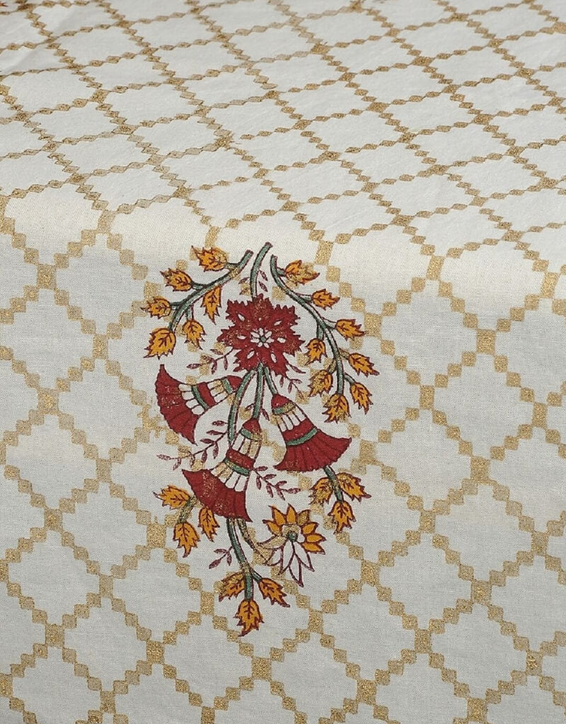Close-up of hand block print on organic cotton table cover | Myyra Jaipur