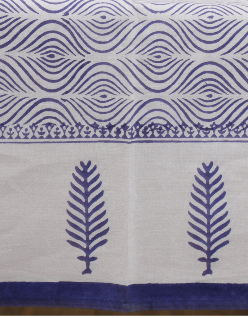 Close-up of hand block print on organic cotton table cover | Myyra Jaipur