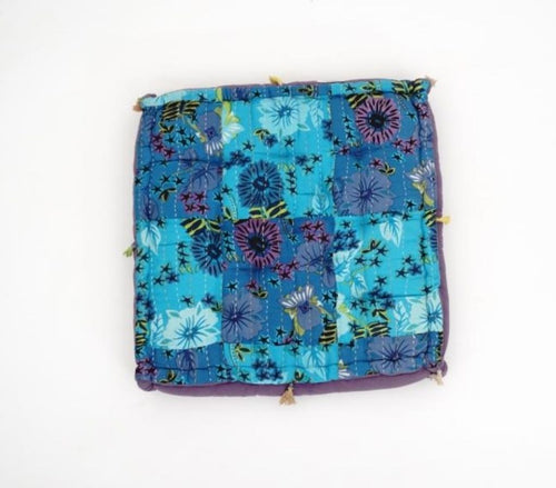 Close-up of hand block print on organic cotton floor cushion | Myyra Jaipur
