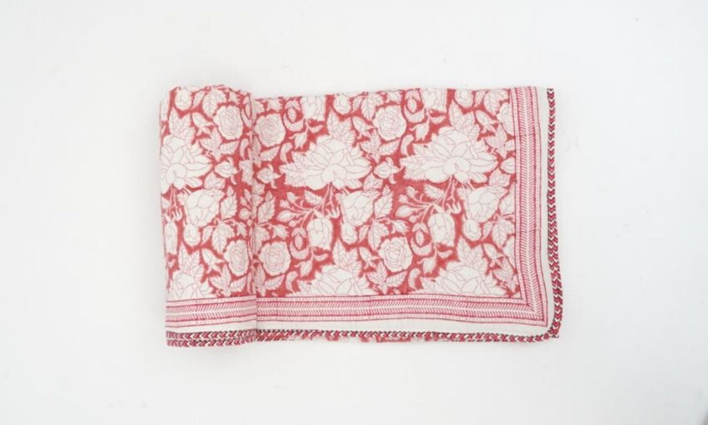 Close-up of hand block print on organic cotton dohar (lightweight cotton quilt) | Myyra Jaipur