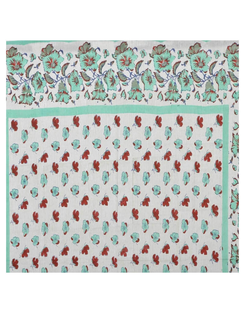 Close-up of hand block print on organic cotton table cover | Myyra Jaipur