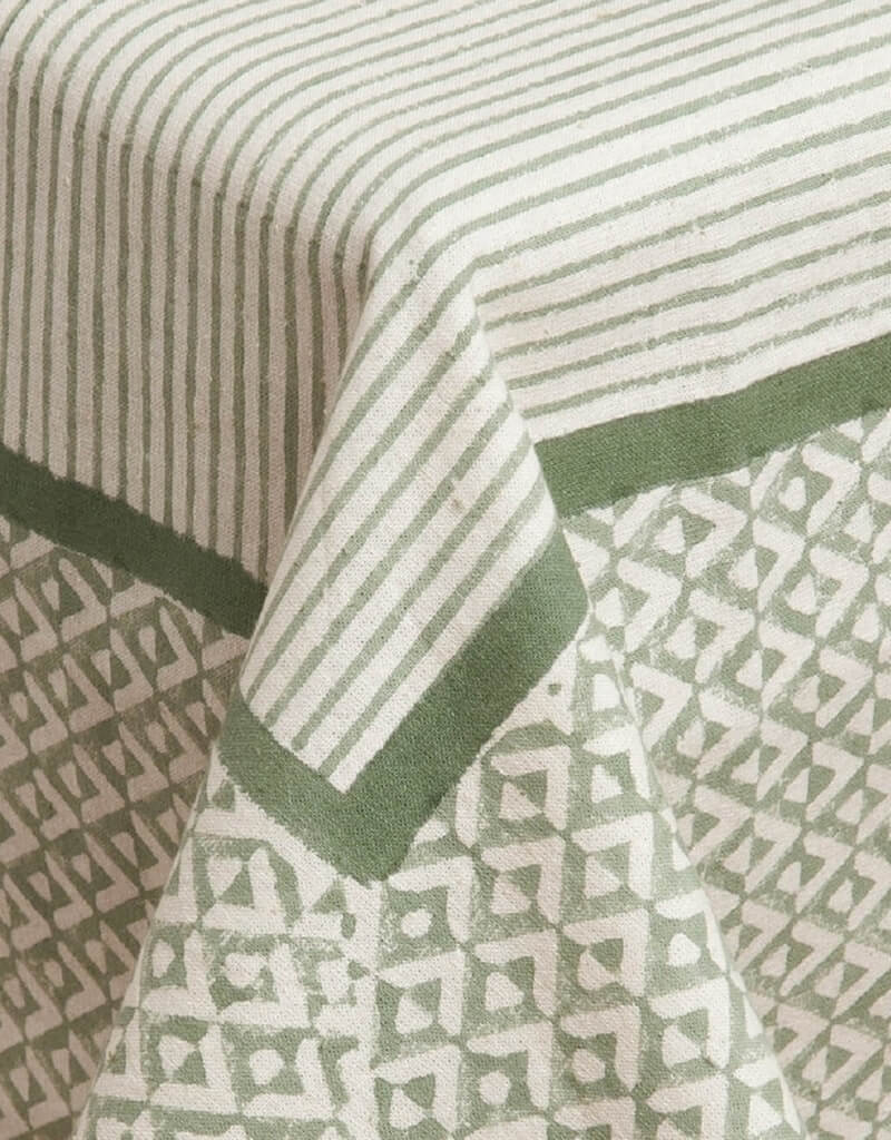 Close-up of hand block print on organic cotton table cover | Myyra Jaipur