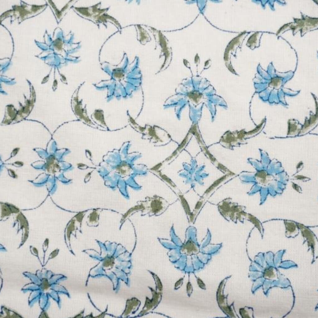 Blue & Green Floral Jaal Hand Block Printed Cotton Yardage