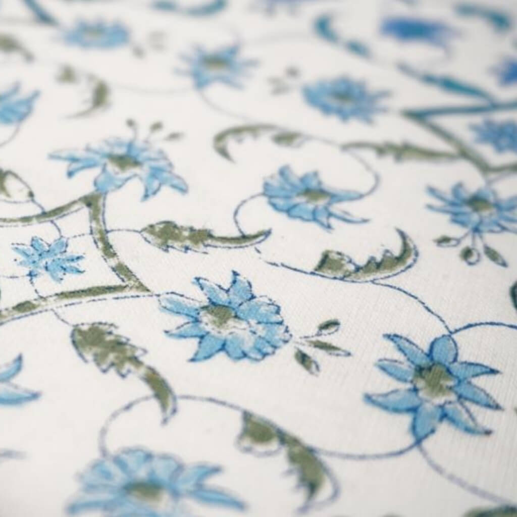 Blue & Green Floral Jaal Hand Block Printed Cotton Yardage