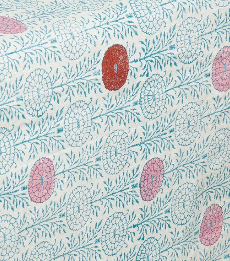 Close-up of hand block print on organic cotton table runner | Myyra Jaipur