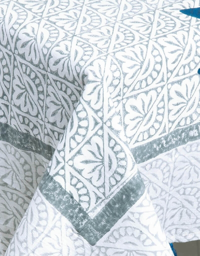 Close-up of hand block print on organic cotton table cover | Myyra Jaipur
