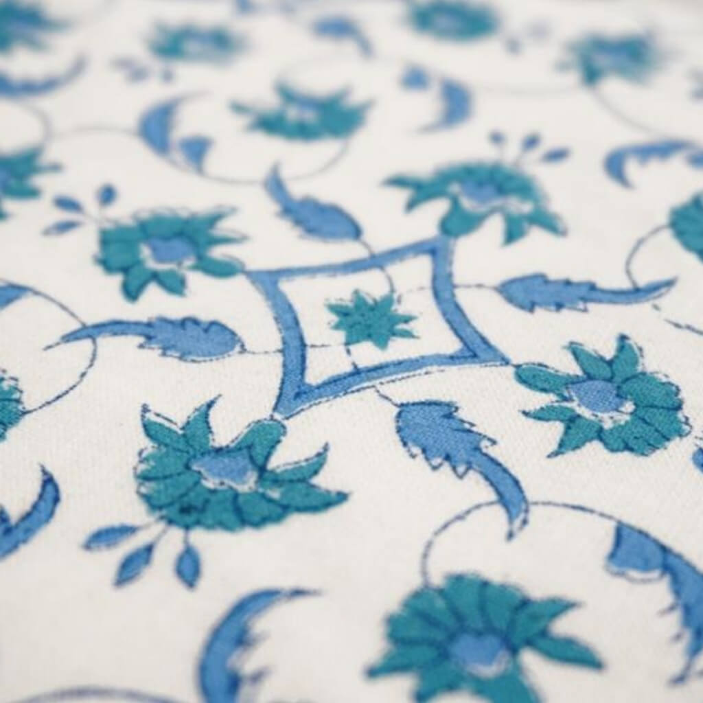 Close-up of hand block print on organic cotton running fabric | Myyra Jaipur