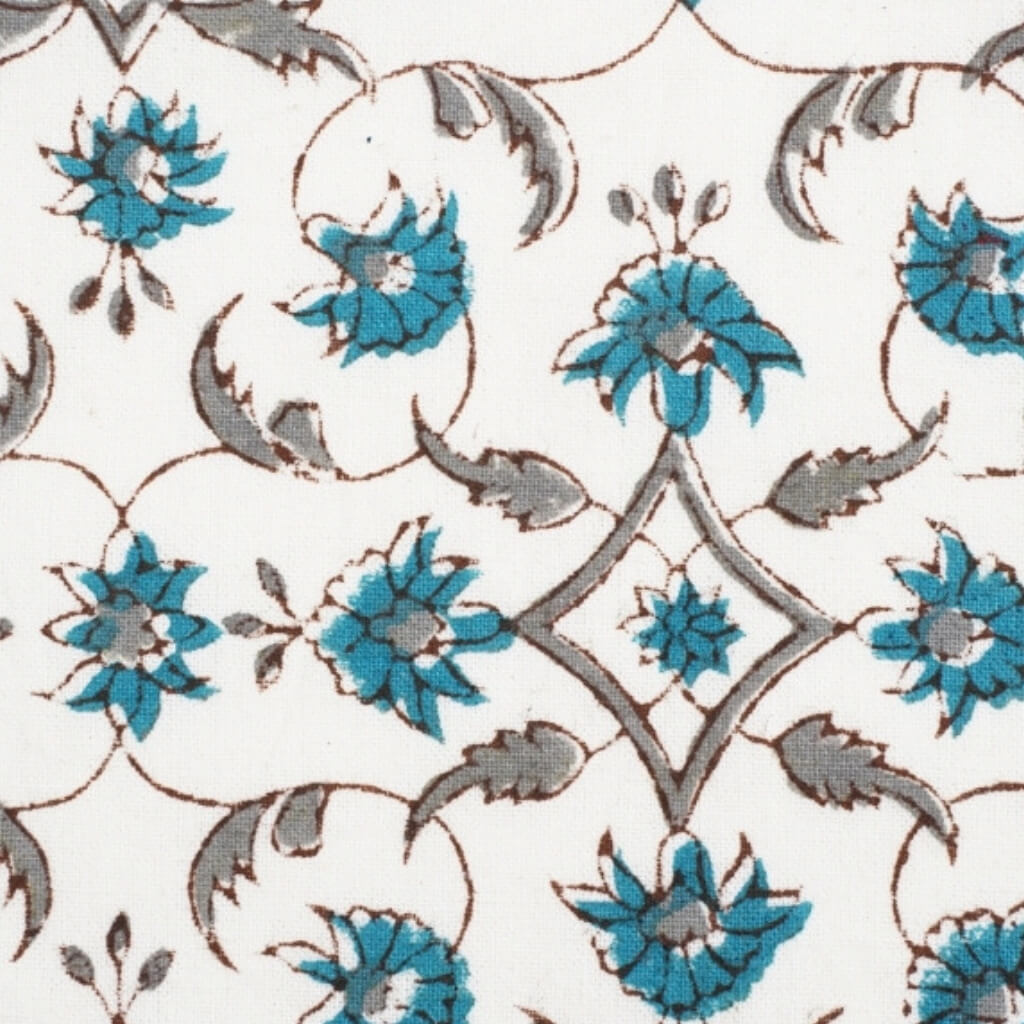 Close-up of hand block print on organic cotton running fabric | Myyra Jaipur