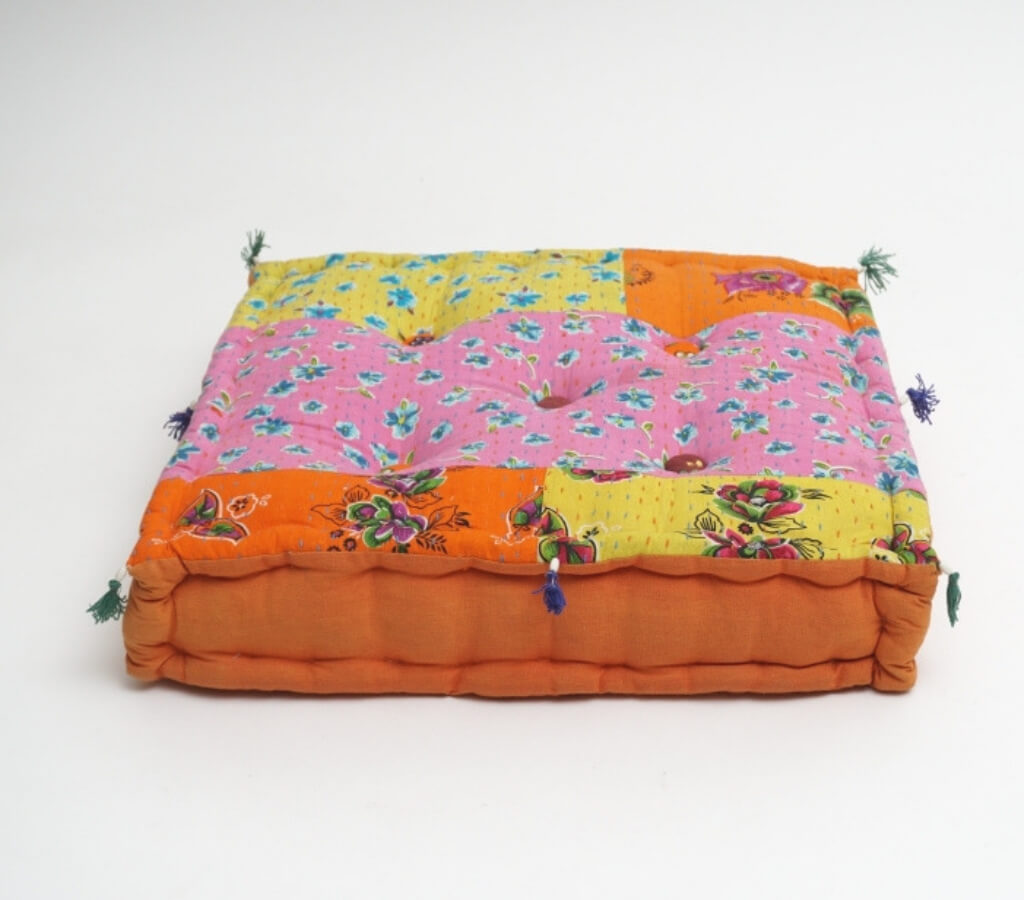Close-up of hand block print on organic cotton floor cushion | Myyra Jaipur