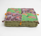 Close-up of hand block print on organic cotton floor cushion | Myyra Jaipur