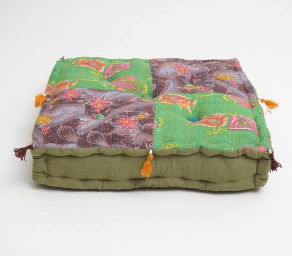 Close-up of hand block print on organic cotton floor cushion | Myyra Jaipur