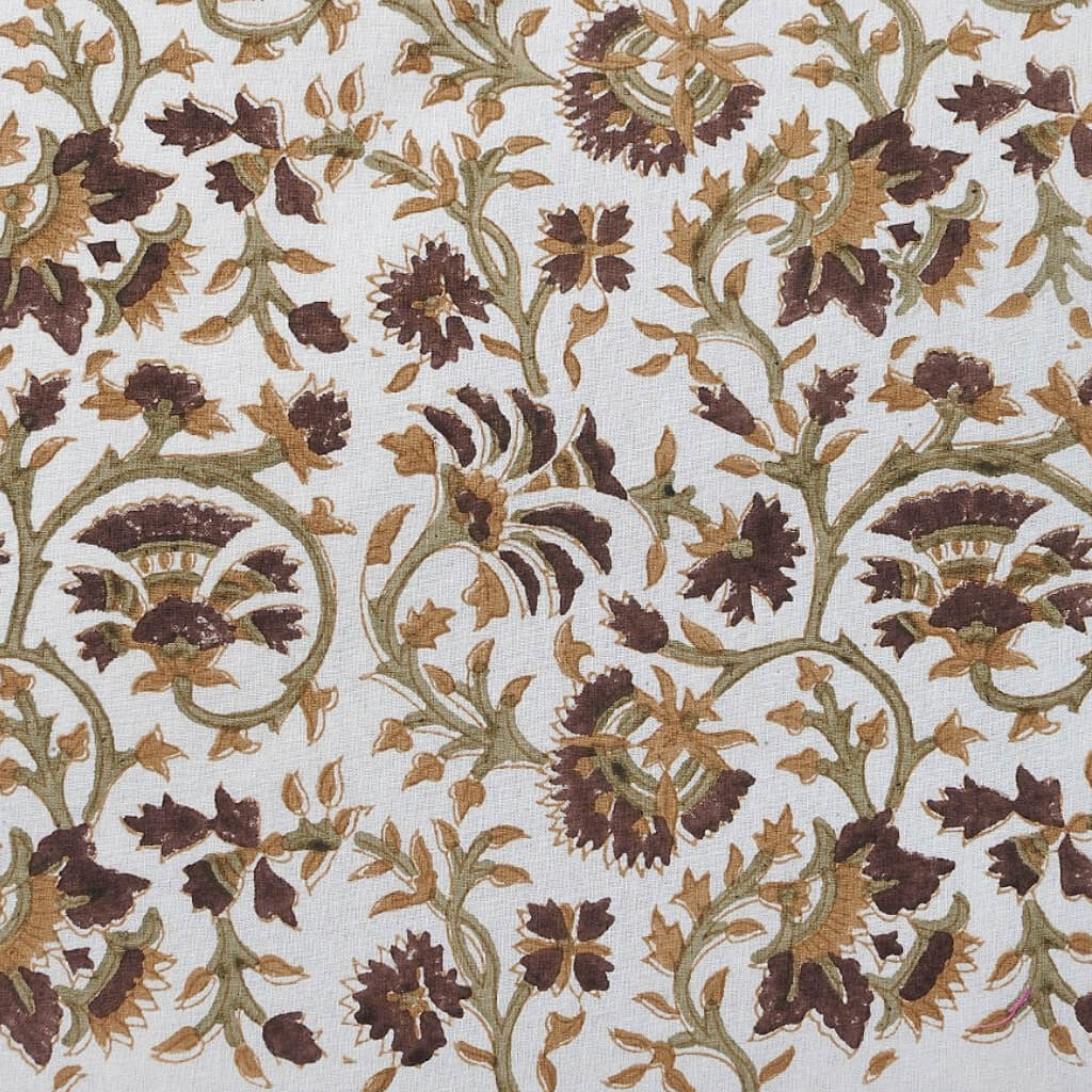 Close-up of hand block print on organic cotton running fabric | Myyra Jaipur