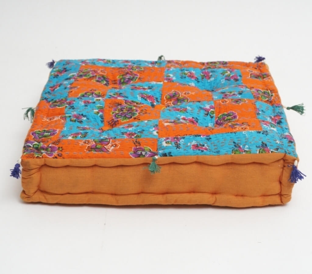 Close-up of hand block print on organic cotton floor cushion | Myyra Jaipur