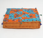 Close-up of hand block print on organic cotton floor cushion | Myyra Jaipur