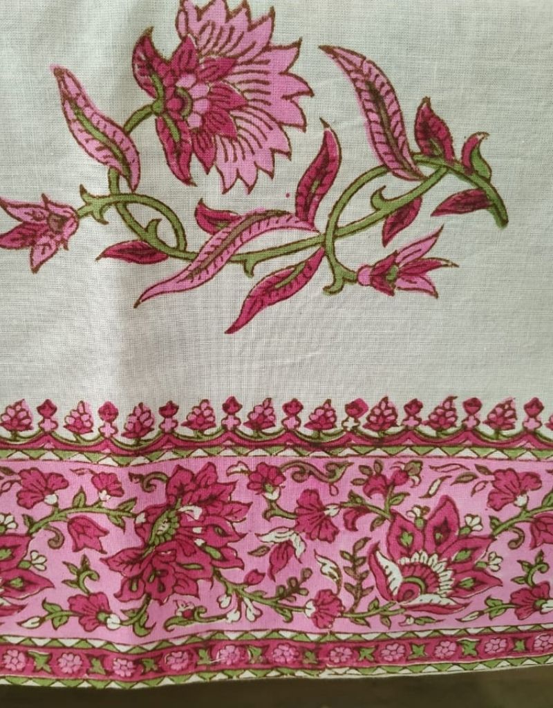 Close-up of hand block print on organic cotton table cover | Myyra Jaipur