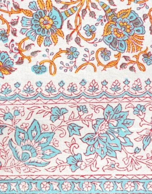 Close-up of hand block print on organic cotton table cover | Myyra Jaipur