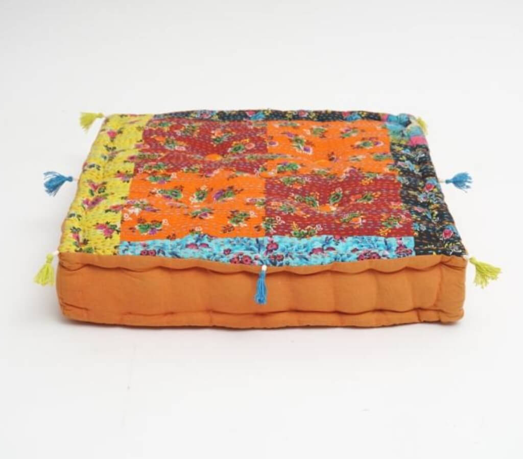 Close-up of hand block print on organic cotton floor cushion | Myyra Jaipur