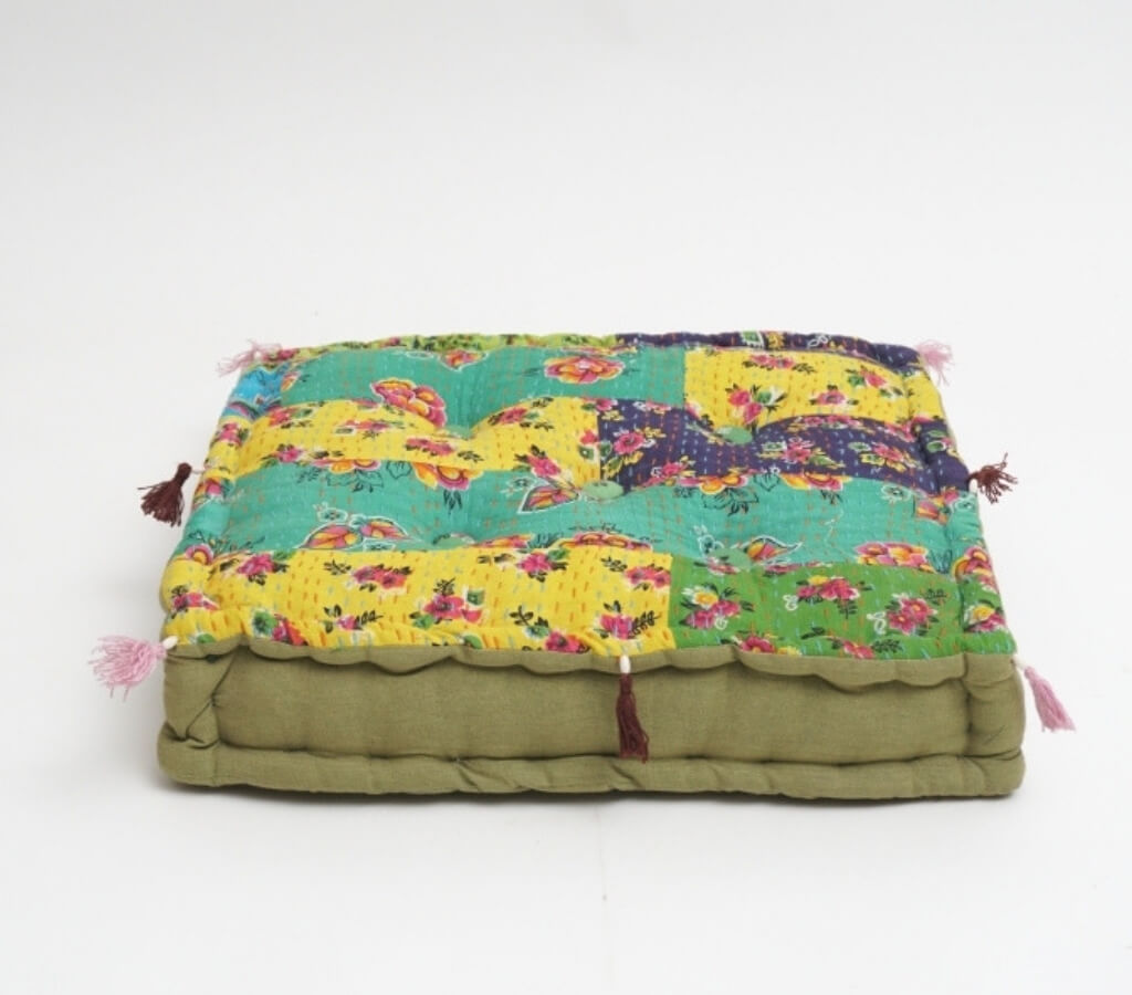 Close-up of hand block print on organic cotton floor cushion | Myyra Jaipur