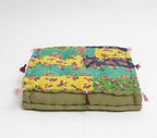 Close-up of hand block print on organic cotton floor cushion | Myyra Jaipur