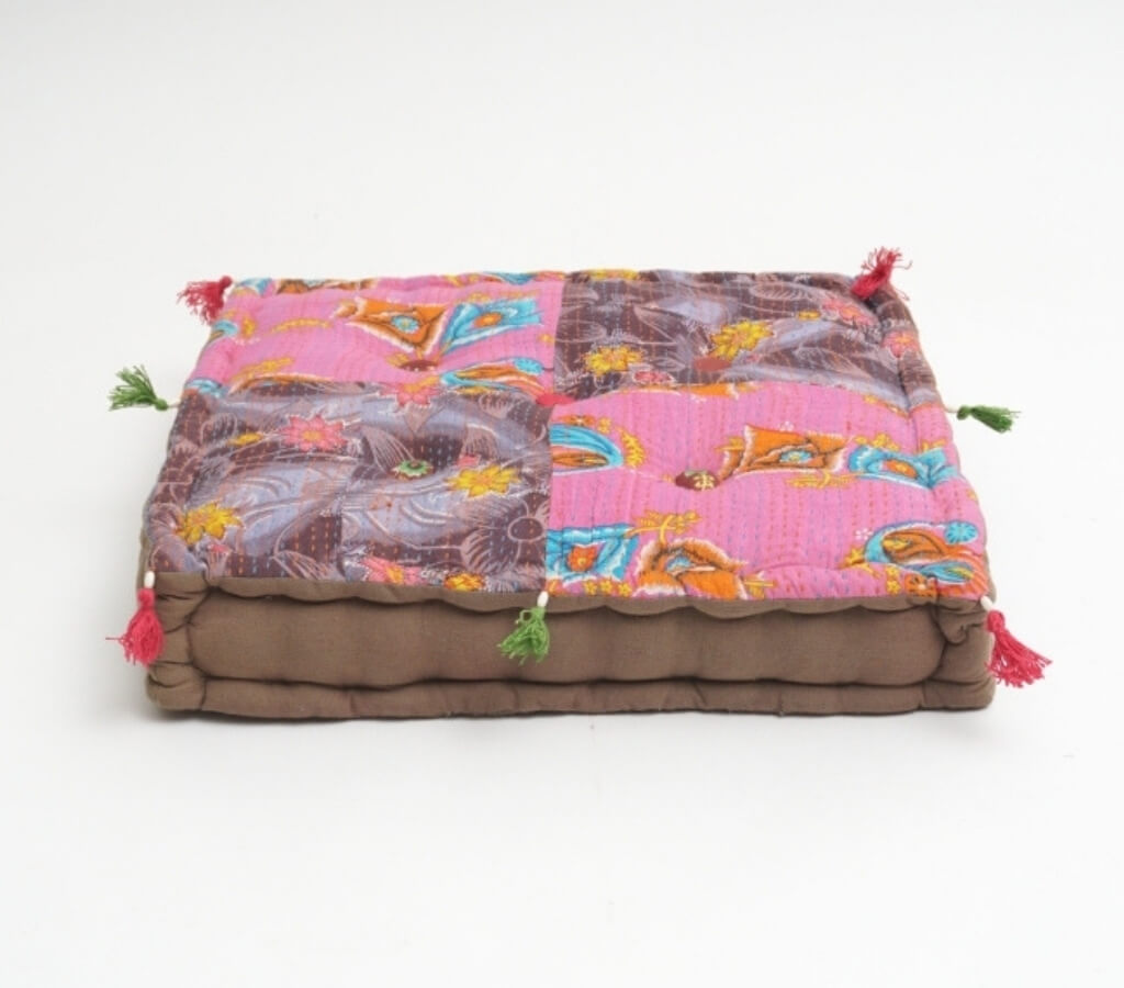 Close-up of hand block print on organic cotton floor cushion | Myyra Jaipur