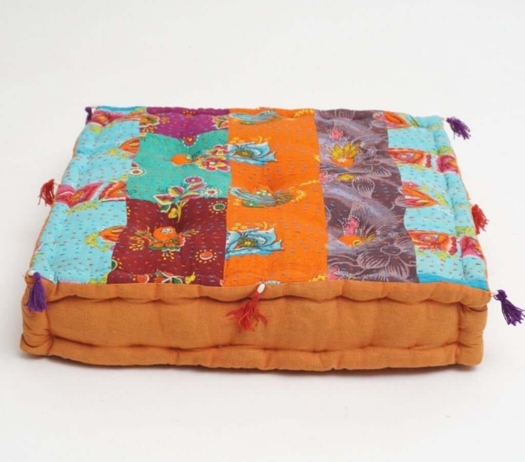 Close-up of hand block print on organic cotton floor cushion | Myyra Jaipur