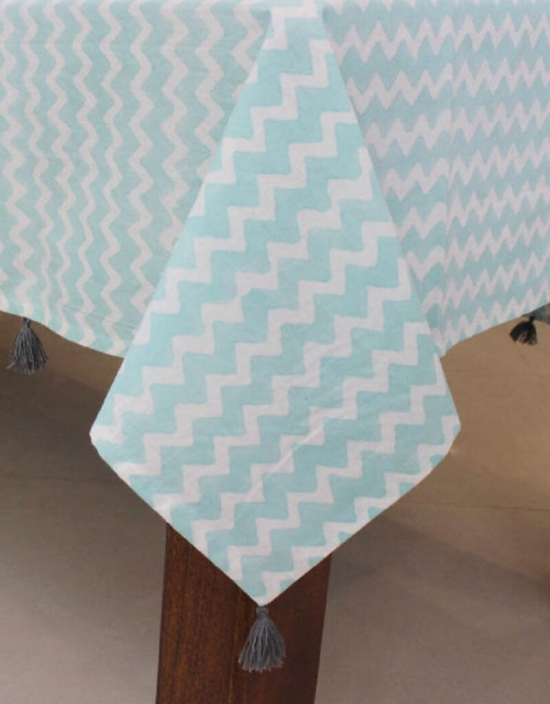 Close-up of hand block print on organic cotton table cover | Myyra Jaipur