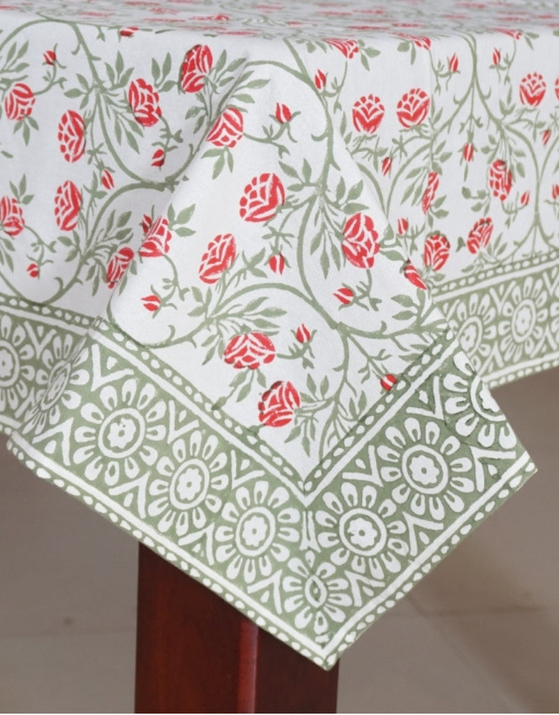 Close-up of hand block print on organic cotton table cover | Myyra Jaipur