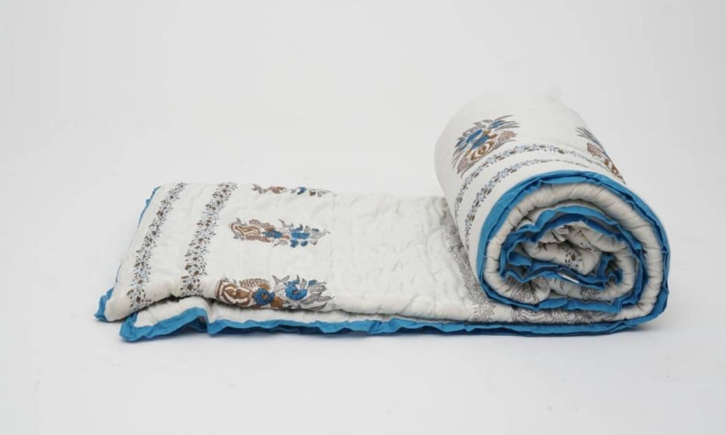 Close-up of hand block print on organic cotton quilt | Myyra Jaipur