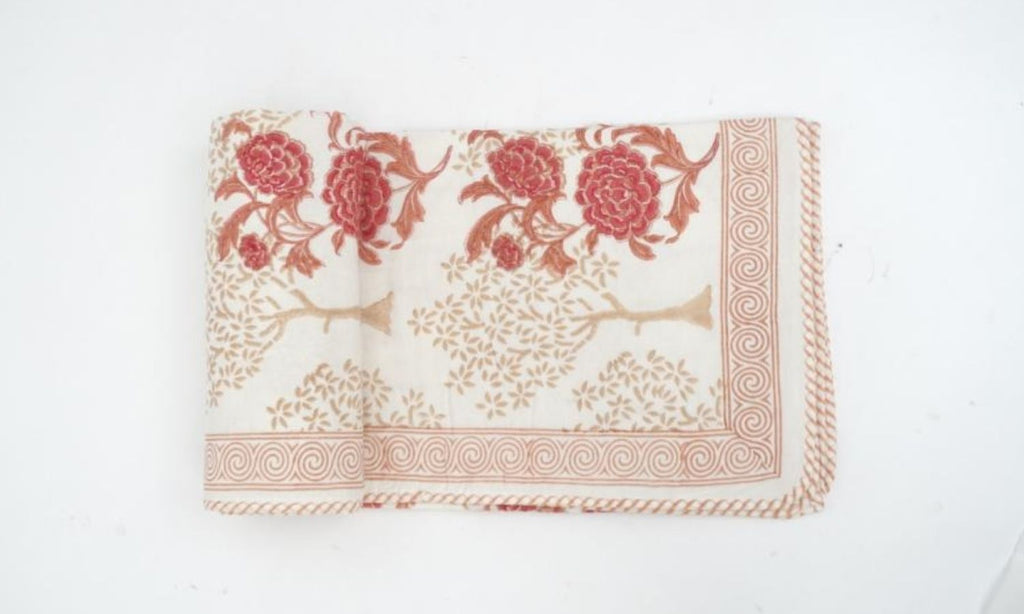 Close-up of hand block print on organic cotton dohar (lightweight cotton quilt) | Myyra Jaipur