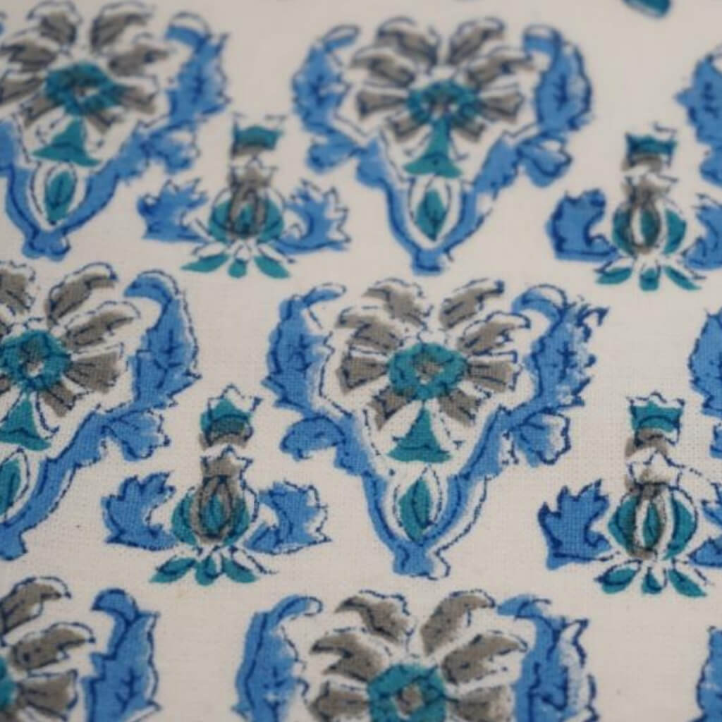 Close-up of hand block print on organic cotton running fabric | Myyra Jaipur