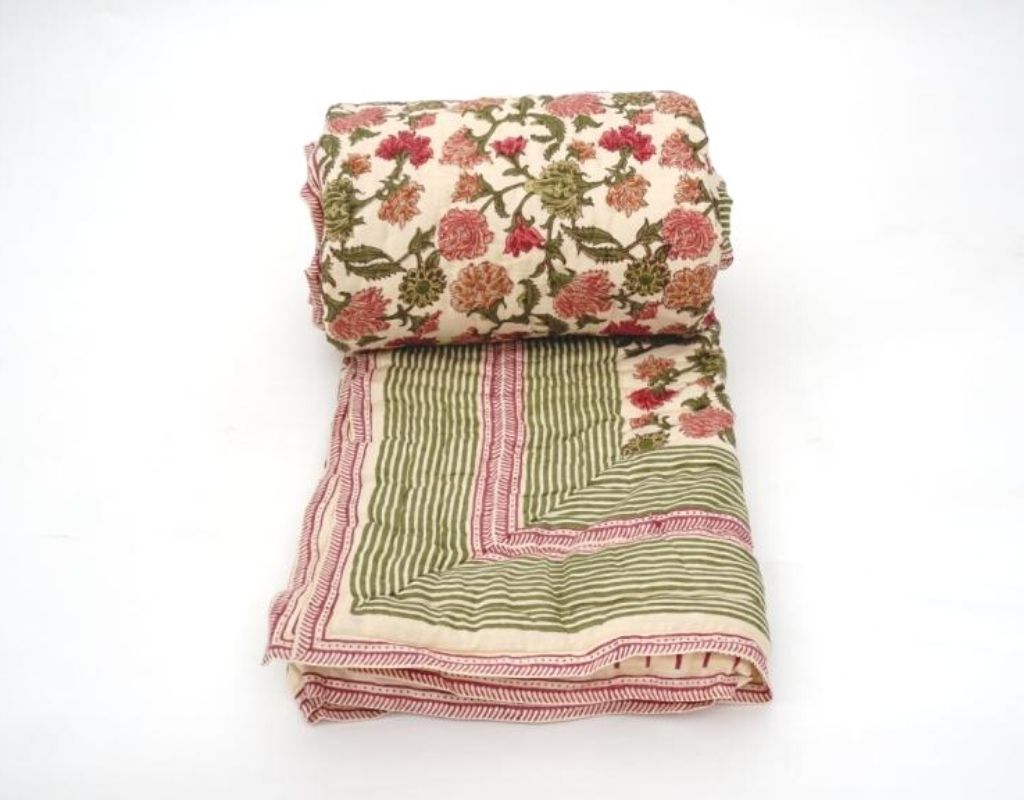 Close-up of hand block print on organic cotton quilt | Myyra Jaipur