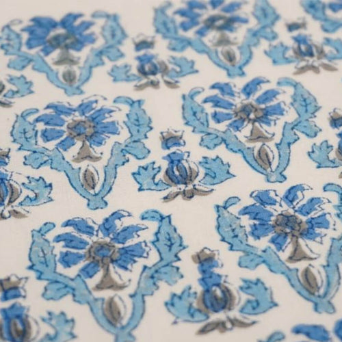 Close-up of hand block print on organic cotton running fabric | Myyra Jaipur