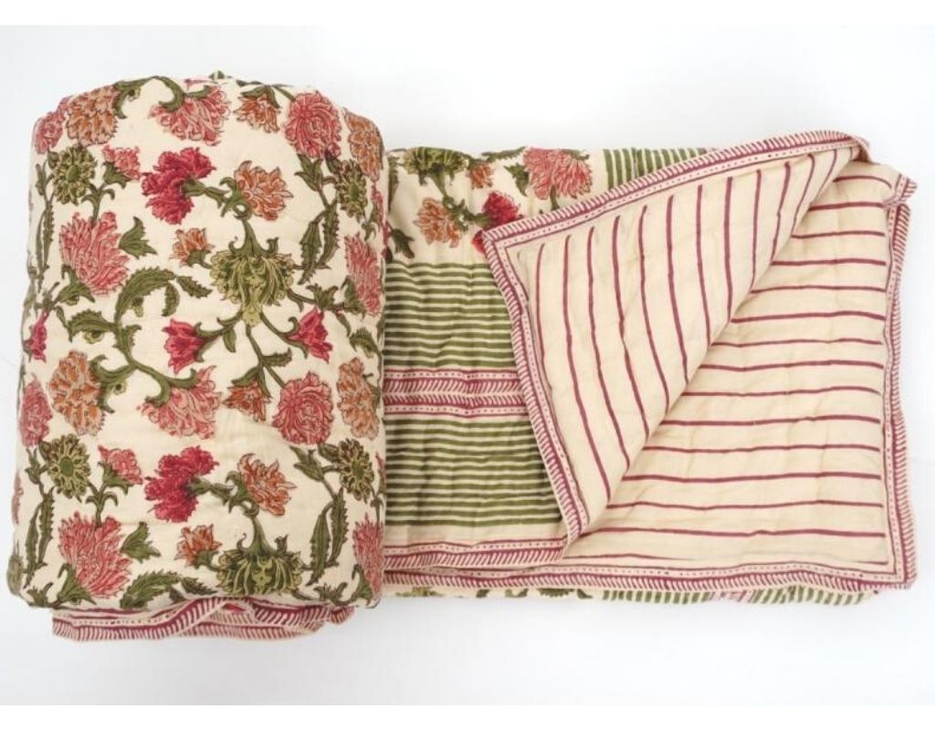 Detail of artisan block print on organic cotton quilt | Myyra Jaipur