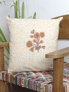Ochre & Off-White Floral Buta Hand Block Printed Cotton Cushion Cover