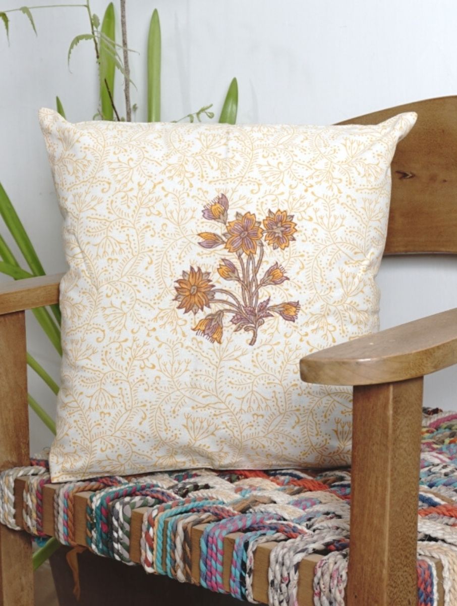 Ochre & Off-White Floral Buta Hand Block Printed Cotton Cushion Cover