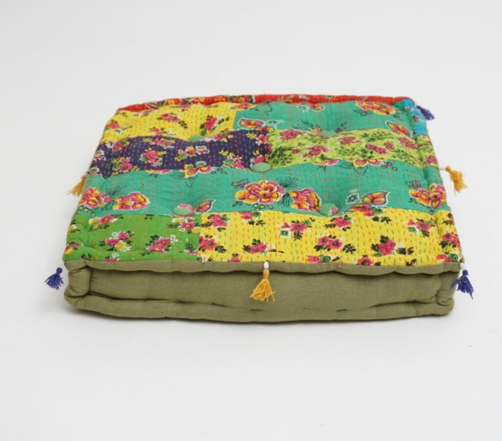 Close-up of hand block print on organic cotton floor cushion | Myyra Jaipur