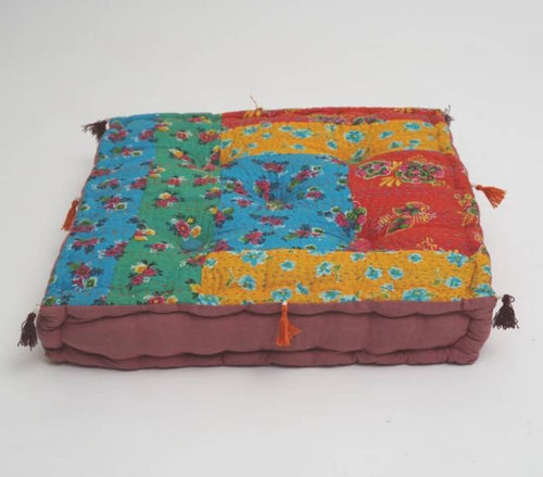 Close-up of hand block print on organic cotton floor cushion | Myyra Jaipur