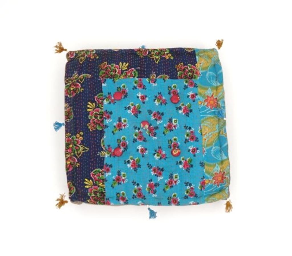 Close-up of hand block print on organic cotton floor cushion | Myyra Jaipur