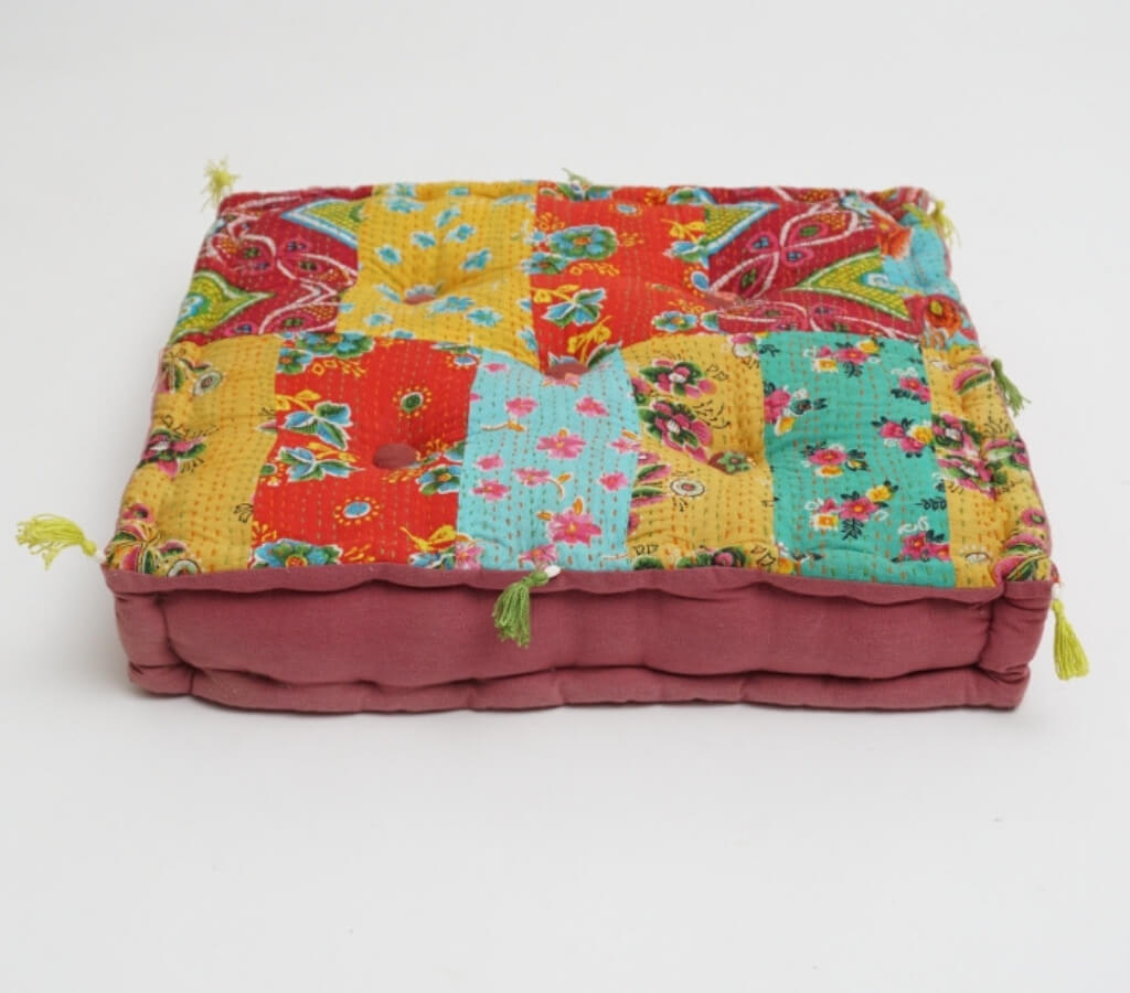 Close-up of hand block print on organic cotton floor cushion | Myyra Jaipur