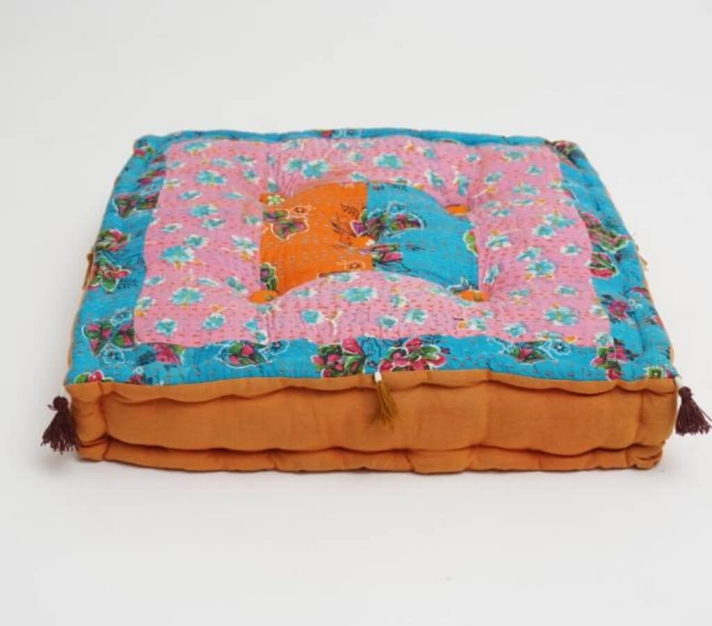 Close-up of hand block print on organic cotton floor cushion | Myyra Jaipur