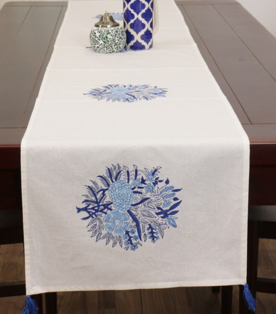 Close-up of hand block print on organic cotton table runner | Myyra Jaipur