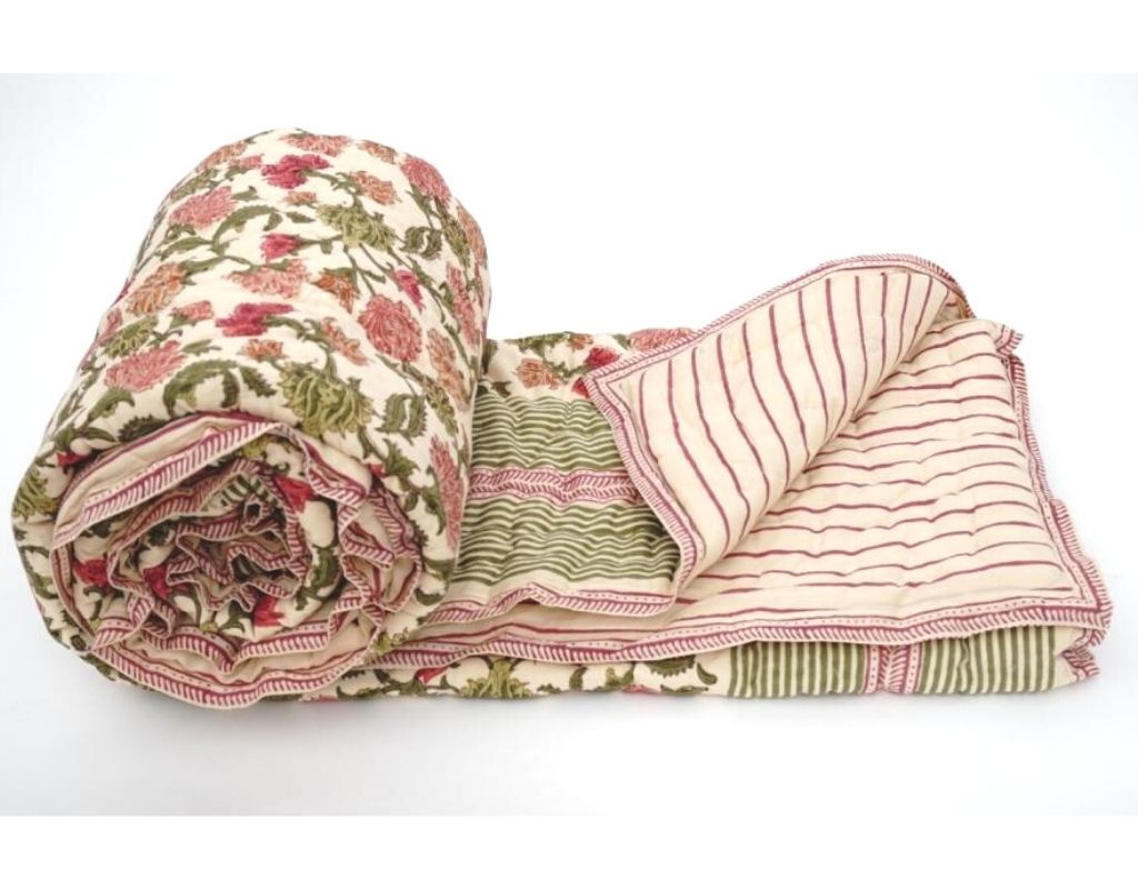 Styled view of hand block printed organic cotton quilt | Myyra Jaipur