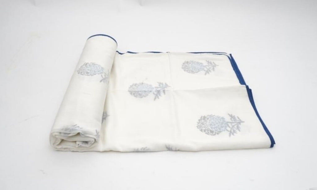 Dohar (lightweight cotton quilt) folded showing pattern repeat of hand block print | Myyra Jaipur