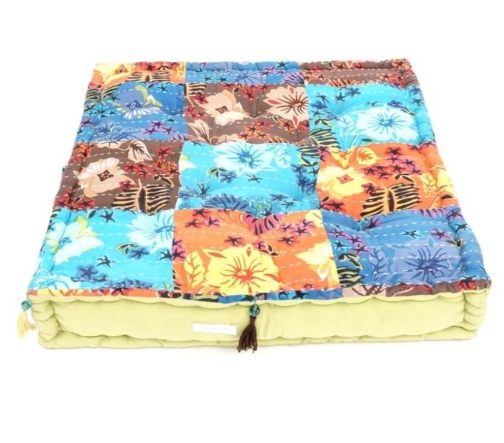 Close-up of hand block print on organic cotton floor cushion | Myyra Jaipur