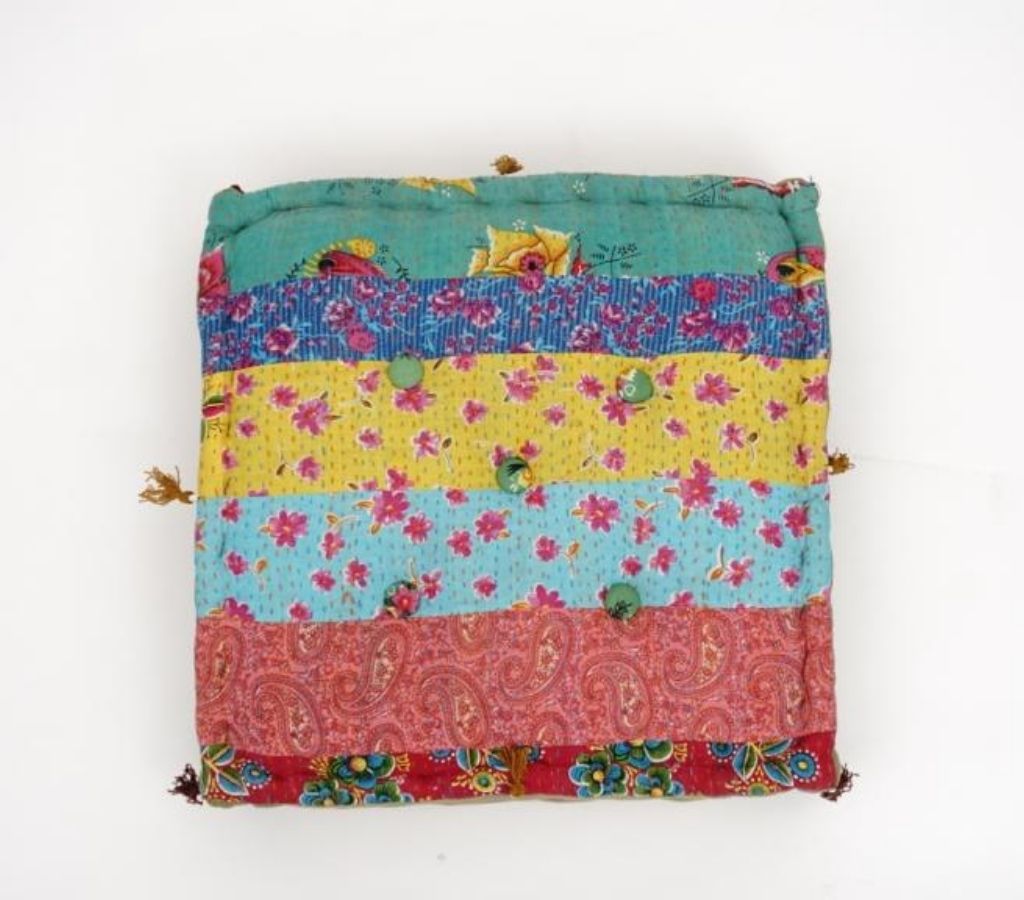 Close-up of hand block print on organic cotton floor cushion | Myyra Jaipur
