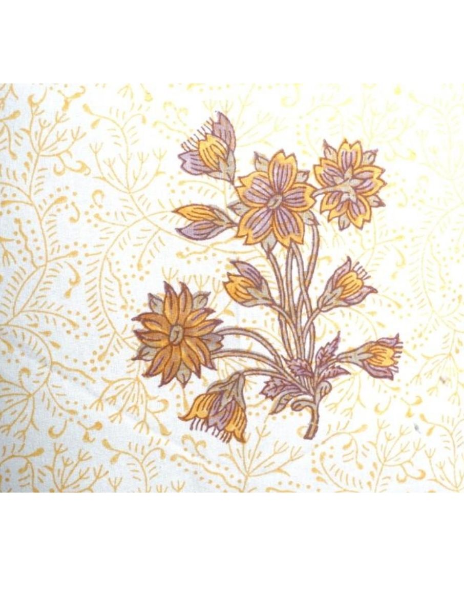 Ochre & Off-White Floral Buta Hand Block Printed Cotton Cushion Cover