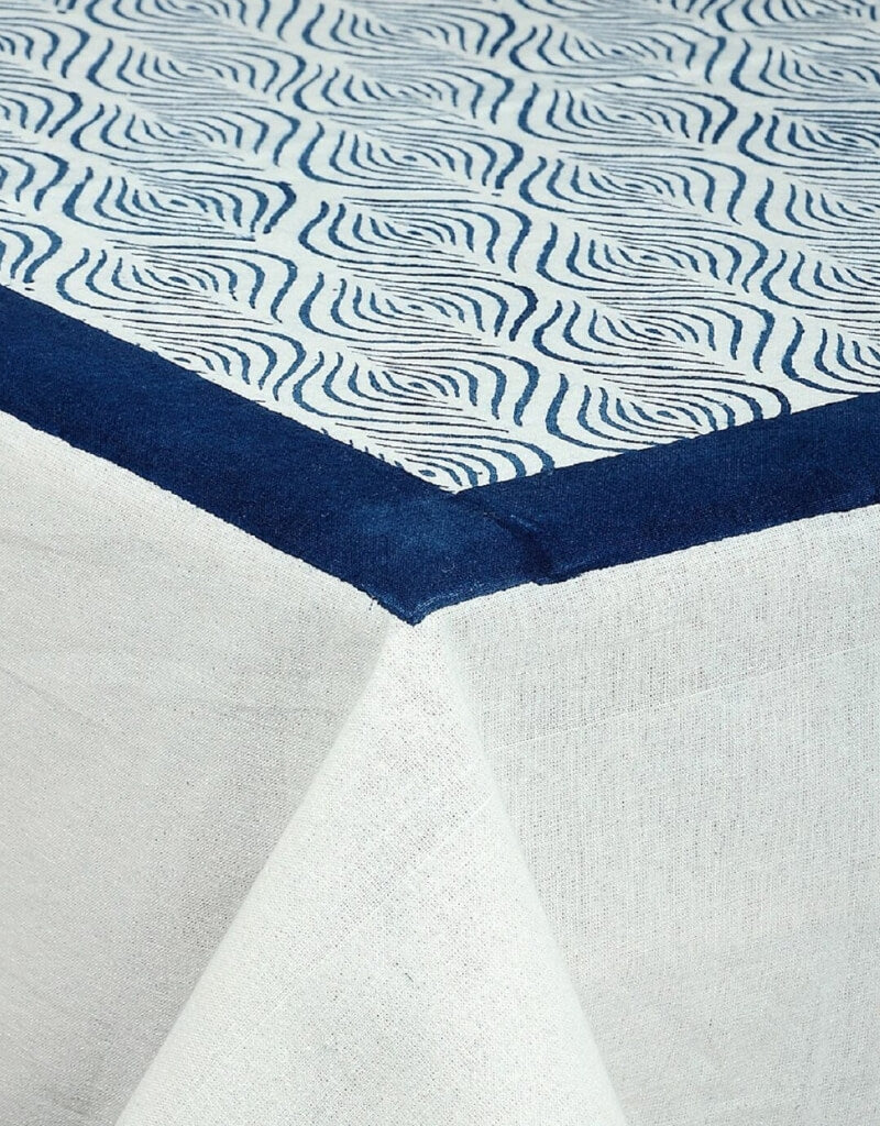 Close-up of hand block print on organic cotton table cover | Myyra Jaipur